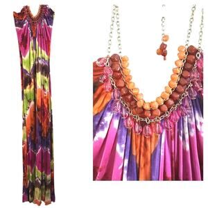 SKY HALO Beaded Chain Halter Tie-Dye Maxi Stretchy Silk Dress - Sz Small